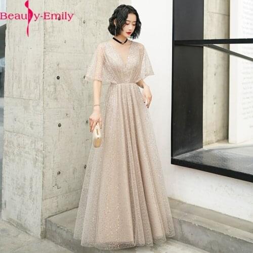Beauty Emily Elegant O Neck Luxurious Sequined Evening Dress Long Charming Half Sleeve Zipper Back Formal Dress Real Photo