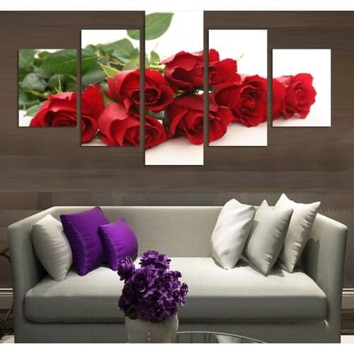 Red rose Flowers Painting home decoration for wedding wall canvas Art 5 Piece Modern Abstract HD Landscape Picture Unframed