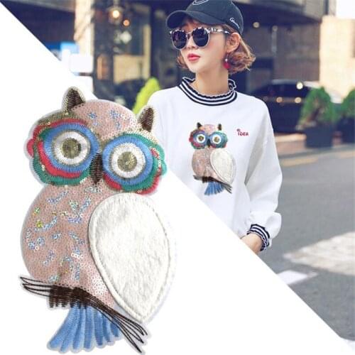 Fashion Tops Shirt Girl Patch Clothes 30cm owl Sequins deal with it Patches for clothing T shirt women Stickers