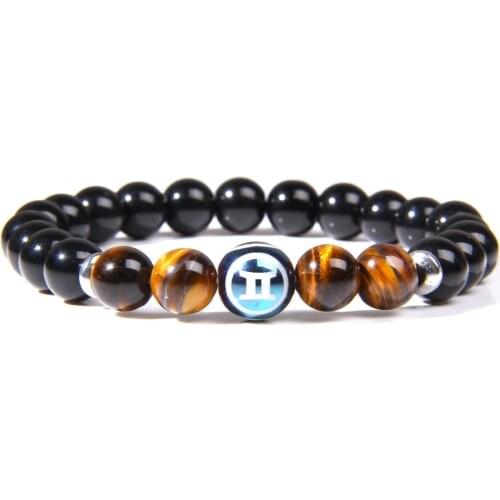 Women Men Twelve constellation Zodiac onyx stone beads bracelet Sagittarius Aries Taurus charm bracelet jewelry for men women