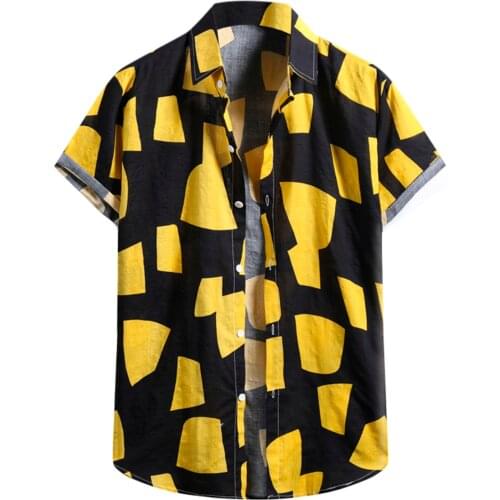 Mens Summer Shirt Casual Lapel Geometric Print Short Sleeve Shirt Top Blouse Brand Men Clothing Hawaiian Style Shirts Camisas