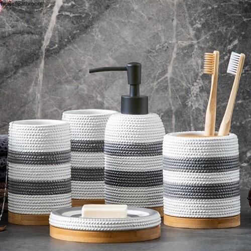 European Black white stripes Wash set Ceramics Five Piece Set Soap box Gargle cup Soap Bottle Toothbrush holder bathroom decor