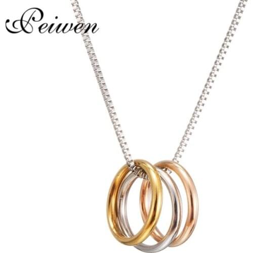 Stainless Steel Three Circle Round Pendant Necklace Simple Women Lady Girl Trinity Hallow Round Charm Necklace Female Jewelry
