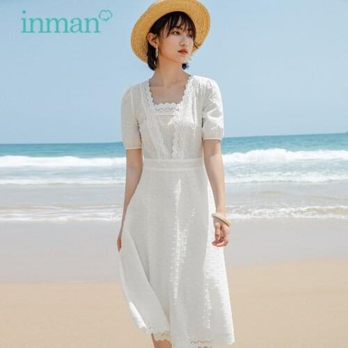 INMAN Summer Womens Dress Beach French Elegant Style Hollow Wave Lace Neckline Hem Stereoscopic Jacquard Cotton White One-Piece