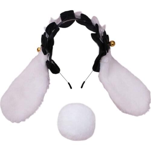 Japanese Lolita Bunny Ears Headband with Fluffy Tail Set Ruffled Lace Rabbit Bowknot Hair Hoop Cosplay Party Costume