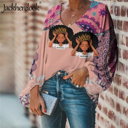 Jackherelook Womens Blouses Summer/Spring Top Shirt Pink Bohemia Floral Afro Black Girl Art Harajuku Clothing Blusas Feminina