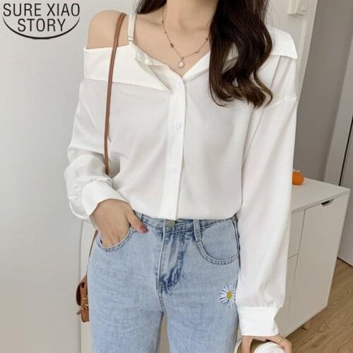 White Shirts Sexy V-neck Off Shoulder Tops Women Shirts 2021 New Autumn Long Sleeve Vintage Shirt Loose Clothing Shirt 16166
