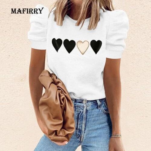 Women Elegant Heart Pattern O Neck Tops Art style Puff Sleeve Printing Short Sleeve Tees Casual Streetwear Patchwork T Shirt XXL