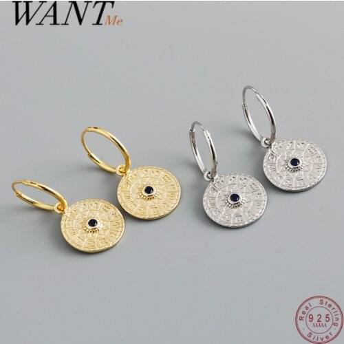 WANTME 925 Sterling Silver 12 Constellation Round Compass Bohemian Pendant Huggie Stud Earrings for Women European Fine Jewelry