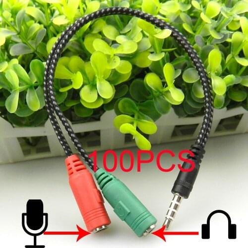 100pcs 3.5mm Jack Earphone Mic Audio Splitter 4 Poles Aux Extension Adapter Cable