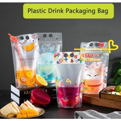 50PCS Disposable Juice Coffee Liquid Bag Kitchen Vertical Zipper Seal Drink Bag Clear Drink Pouches With Straw Party Tableware