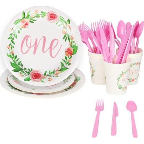 8pcs One Year Birthday Disposable Tableware 1st Flower Napkin Plate Cup Girl First Birthday Decor Happy Birthday Decor Kid Girls