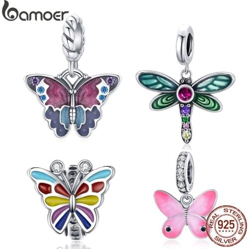 Bamoer Fantasy Purple Butterfly Charm 925 Sterling Silver Pattern Butterfly Effect Pendant for Bracelet Bangle Fashion Jewelry