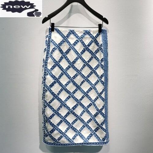 Designer Women Plaid Pearls Bead Mid Calf Long Skirt Elegant Ladies Party Slim Fit 2021 Fashion Denim Patchwork Straight Skirts