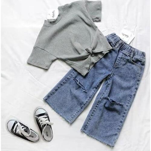 Girls Denim Wide-Leg Pants Suit 2021 SumMer Korean ChilDrens Western Style Baby FaShionAble SumMer Short-Sleeved Two-Piece Suit