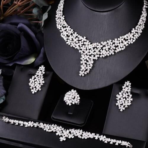 Janekelly White cubic zirconia necklace bracelet earrings and ring 4pcs dubai full jewelry set for women,bridal dress dinner