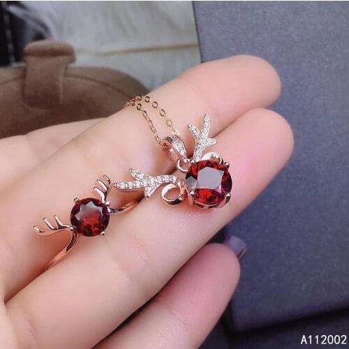 KJJEAXCMY fine jewelry natural garnet 925 sterling silver women gemstone pendant necklace chain ring set support test elegant
