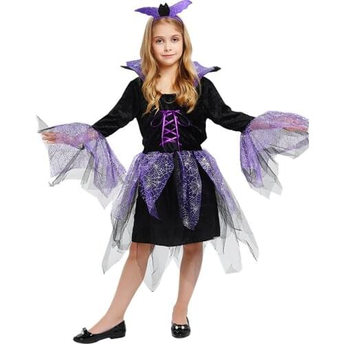 Hot New Halloween Children Costume Girl Purple Spider Web Witch Cosplay Masquerade Carnival Performance Fancy Stage Theme Party