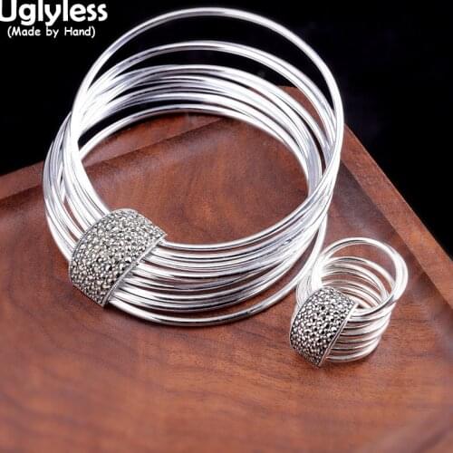 Uglyless Hollow 9 Links Bangles Rings Sets for Women Cool Multi Layers Jewelry Sets Marcasite Summer Dress Jewelry 925 Silver