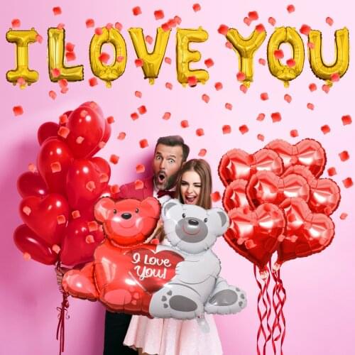 Party Decorations Balloons Set Valentines Day Latex Balloons I Love You Heart Cartoon Bear Shape Balloon with Silk Rose Petals