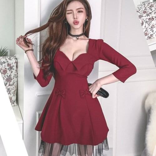 New arrival fashion korean spring mini party night club dress women OL temperament sweet v-neck bow mesh stitching a-line dress
