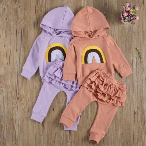 0-3Y Autumn Baby Girls Clothes Sets Rainbow Print Long Sleeve Hooded Pullover Tops Ruffles Pants 2pcs Cotton Outfit