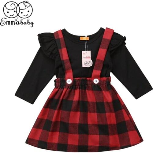Christmas Baby Girl Clothes Set 0-4M Newborn Toddler Kid Long Fly Sleeve T-shirt Top Suspender Plaid Tutu Dress 2Pcs Outfit