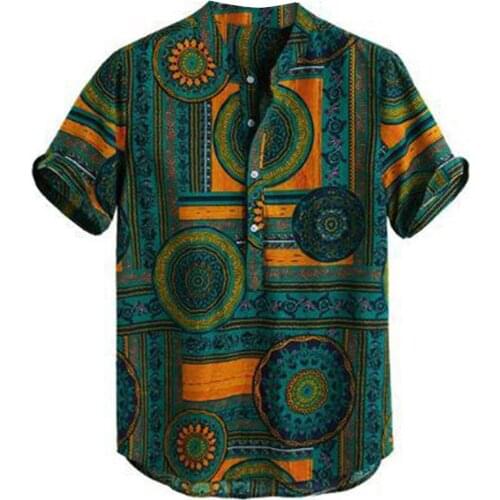 Summer Men Color Ethnic Geometry Print Short Sleeve Pullover Quality Casual Shirt Male Social Business Button Down Shirts
