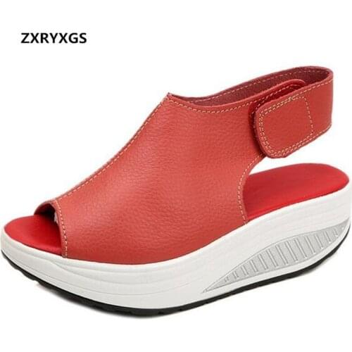 Best Sale Fish Mouth Summer Shoes Woman Genuine Leather Sandals 2020 New Light Comfort Summer Wedge Sandals Women Casual Sandals