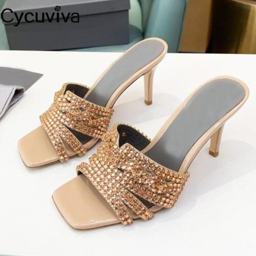 Designer Crystal Slides High Heel Slippers Women Summer Square Toe Mules Women Dress Brand Shoes Runway Square Toe Sandals Woman