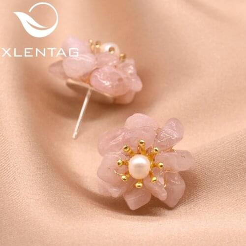 XlentAg Natural Pink Crystal Pearl Stud Earrings For Women Gift 925 Sterling Silver Flower Earrings Fine Jewellery GE0780C