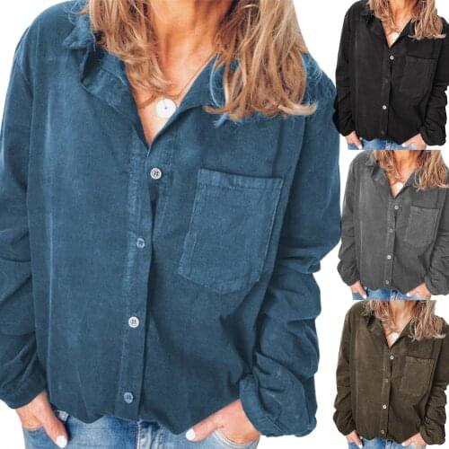 Plus Size Women Shirt Solid Color Turn Down Blouses Women Long Sleeve Blouse Casual Button Ladies Top Womens Shirt