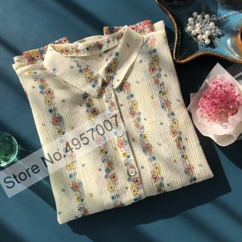 Women High Quality Cotton Silk Blend Floral Printing Blouse Shirt With Long Sleeve