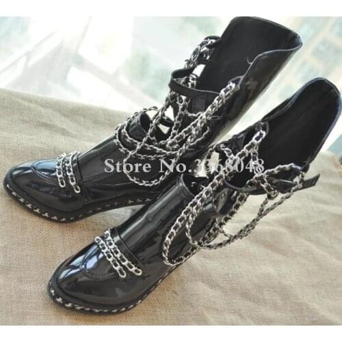 Ankle High Black White Motorcycle Boots Shoes Spring Fall Winter Women Chained Ankle Boots Chunky Heels Hollow Big size