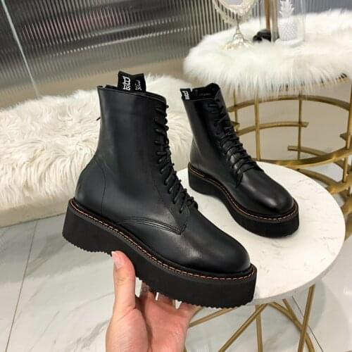 Celebrities platform botas mujer solid round toe muffins short bottes lace-up zipper shoes woman pu leather riding boots women