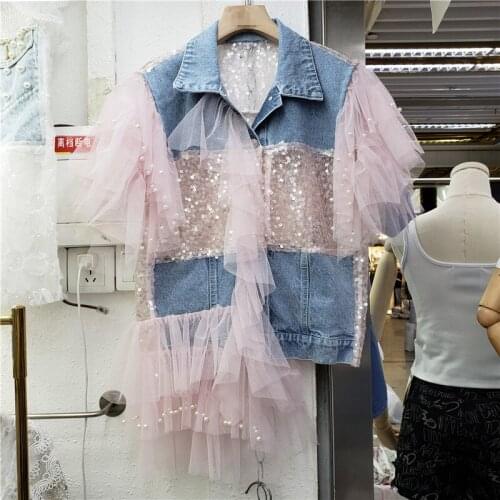 Handmade Beaded Lace Stitching Denim Vest Coat Women 2021 Summer New Female Cloth Fashion Pink Mesh Waistcoats Lady Ruffles Top
