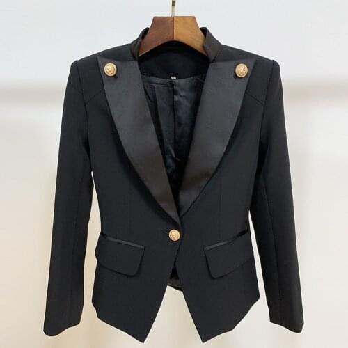 2021 Women Suit Fashion Button A Grain Of Lion Satin Collar Slim Casual Suits Black White Small Jackets Cotton Clothes