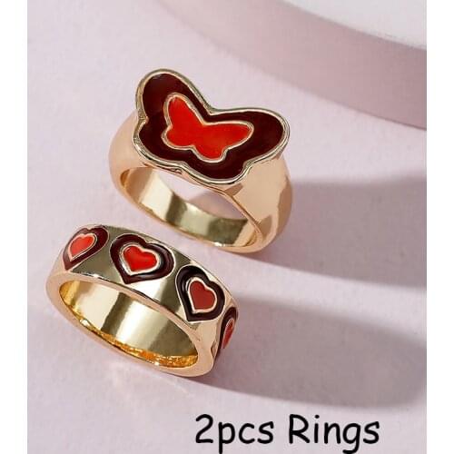 New INS Brown Butterfly Double Heart Rings For Women Y2K Jewelry Harajuku Vintage Fashion Ring Set Egirl Style 2000s Aesthetic
