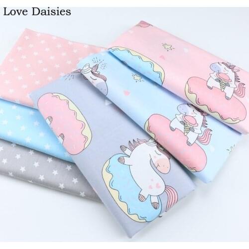 100% Cotton Twill GRAY PINK BLUE Cartoon Unicorn Having Fun Stars Fabrics for DIY Bedding Sheet Tent Handwork Home Decoration