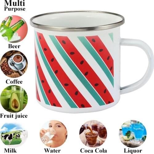 350 ml Summer Enamel Coffee Mug Watermelon Kiwifruit Breakfast Cup Black Roll Rim with Handgrip Milk Tea Cup