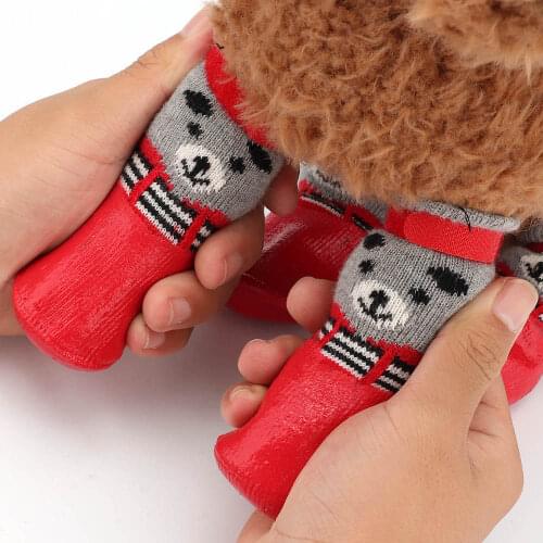 4pcs/Set Cute Cotton Rubber Pet Dog Shoes Waterproof Non-slip Dog Rain Snow Boots Socks Footwear For Puppy Large Small Cats Dogs