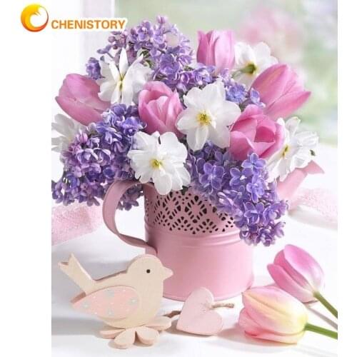 CHENISTORY 60x75cm Framed Painting By Numbers Pink Flower In Glass Oil Paint Handmade Unique Gift For Adults Bedroom Decoration