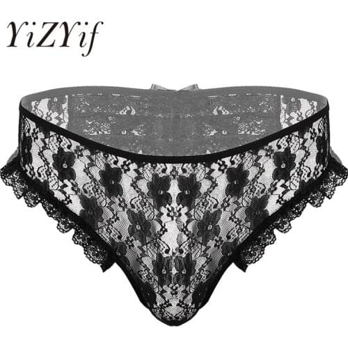 Men Sissy Panties Lace Underwear Sheer Floral Lace Lingerie Low Rise with Elastic Waistband Crotchless G-string Briefs Underwear