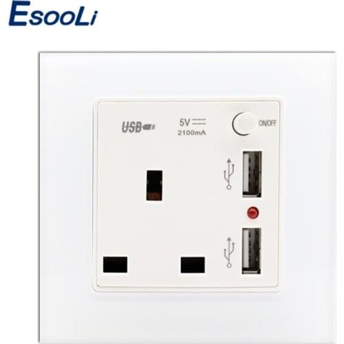 Esooli New Arrival 13A UK Standard Wall Power Socket White Crystal Glass Panel Outlet 2100mA Dual USB Socket Charger Port