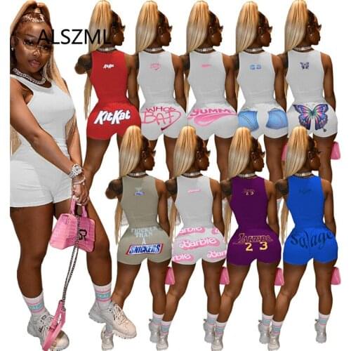 European Fashion Women Set Slim Print Sleeveless Matching Two 2 Piece Set Outfits Sport Sweatsuits