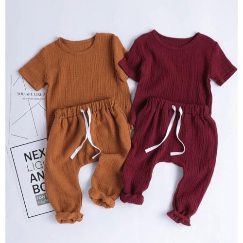 FOCUSNORM Newborn Baby Girls Boys Clothes Sets Solid Short Sleeve Pullover T Shirts Long Trousers Pants 4 Colors
