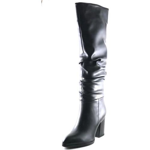 Kadın Siyah Cilt Körüklü Uzun Bot Çizme Kalın Topuklu Yuvarlak Burun Yeni Sezon Süper İndirim