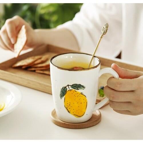 Handmade lemon printed mugs creative ceramic ins popular retro drinkware rose blueberry painted porcelain cup + saucer sets
