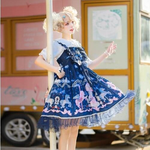 Summer Jsk Sling Lolita Dress Women Vintage Lace Ruffle Party Lolita Sweet Cute Girl Bow Cartoon Print Midi Strap Dress Vestidos