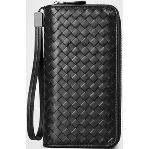 Mens bag Genuine Leather Mens hand bag leather large-capacity real cowhide double zipper long woven wallet clutch bag Black